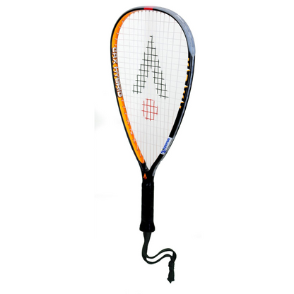 Racquet with a white face and black handle on a white background