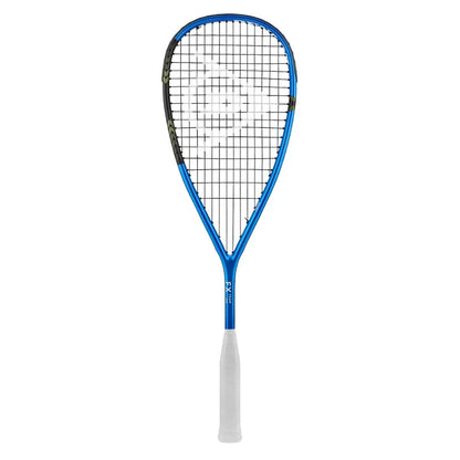 A blue Dunlop FX 125 Team squash racket with a white grip handle and black strings.