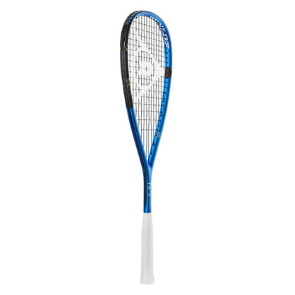Blue and white squash racket on a white background