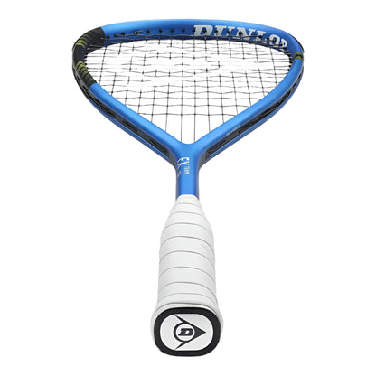 Blue and white squash racket with Dunlop branding on a light gray background