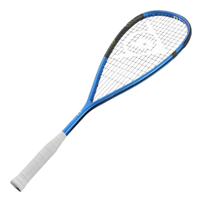 Blue and white squash racket on a light gray background