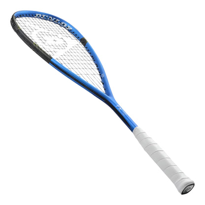 Blue and white squash racket on a light gray background