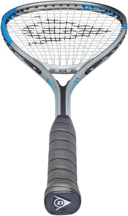 Squash racket with blue strings on a white background