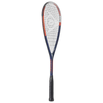Squash racket with black and red design on a white background