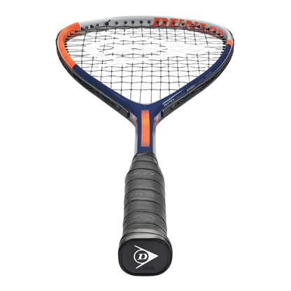 Squash racket with blue and orange design on a white background