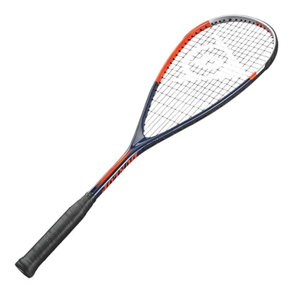 Squash racket with black and orange design on a white background