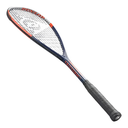 Squash racket with black and orange design on a white background
