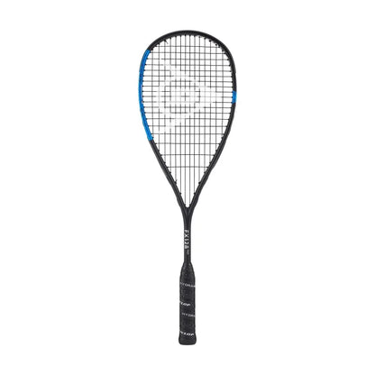 A black and blue Dunlop FX 128 Pro squash racket with a full graphite frame and sonic core technology.