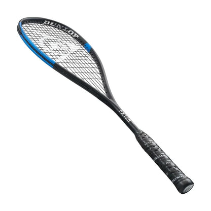 A black and blue Dunlop FX 128 Pro squash racket with a full graphite frame and sonic core technology.