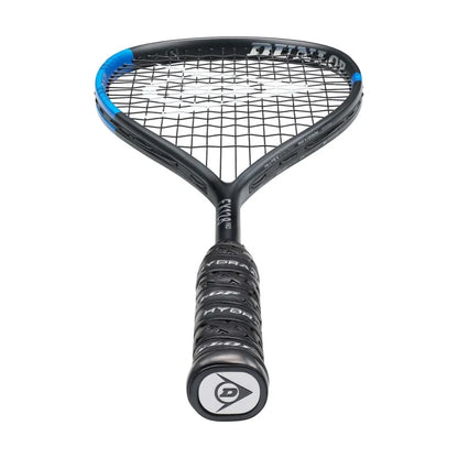 A black and blue Dunlop FX 128 Pro squash racket with a full graphite frame and sonic core technology.