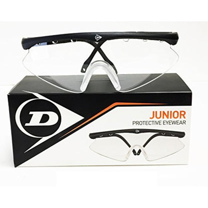 A pair of Dunlop junior protective squash eyewear with a black frame and clear polycarbonate lenses.