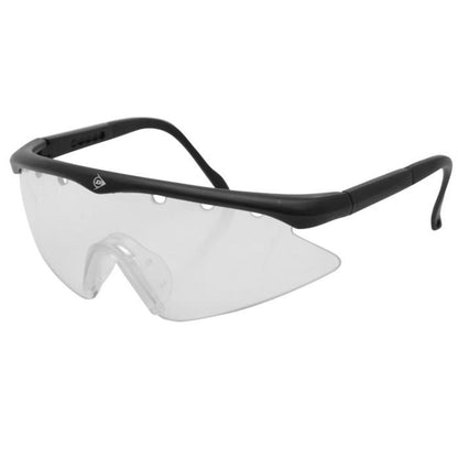A pair of Dunlop junior protective squash eyewear with a black frame and clear polycarbonate lenses.