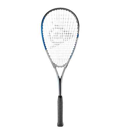 Squash racket with blue strings on a white background