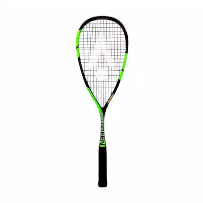 Squash racket with green and black design on a white background