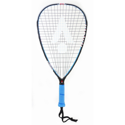 A Karakal FF150 SQ57 squash racket with blue and black color theme, including strings, frame, grip, and a wrist strap.