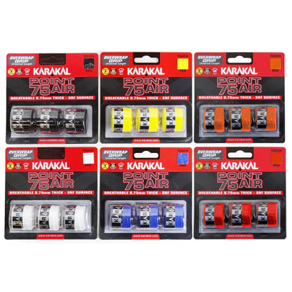 Six packages of Karakal Point 75 Air over grips for tennis rackets, displayed in two rows. The grips come in red, yellow, white, and blue colors, and are shown with and without the protective outer packaging.