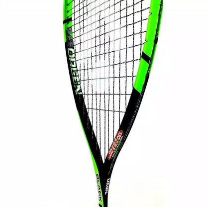 Close-up of a green and black squash racket on a white background