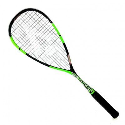 Squash racket with green and black design on a white background