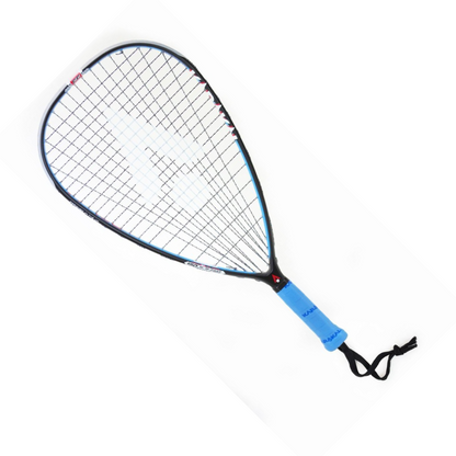 Black and blue squash racket on a white background