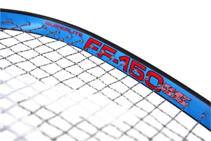 Close-up of a squash racket with 'Superlite' and 'FF-150' branding on a white background