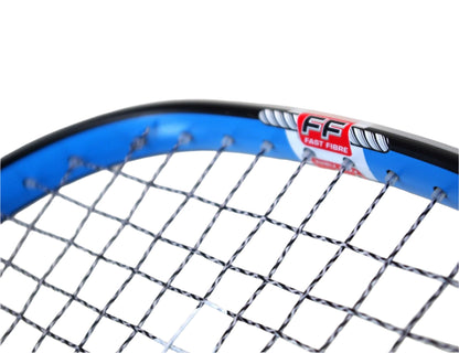 Close-up of a squash racket with 'FF' branding on a white background