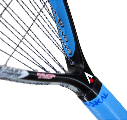 Close-up of a squash racket with a blue and black design on a white background