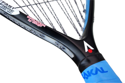 Close-up of a squash racket with 'Akal' branding on a light gray background