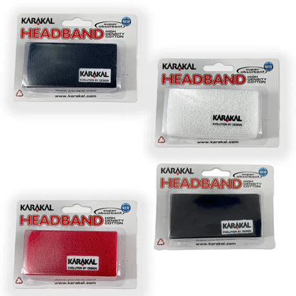 Four packages of Karakal headbands in black, white, and red on a white background.