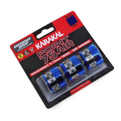 Six packages of Karakal Point 75 Air over grips for tennis rackets, displayed in two rows. The grips come in red, yellow, white, and blue colors, and are shown with and without the protective outer packaging.