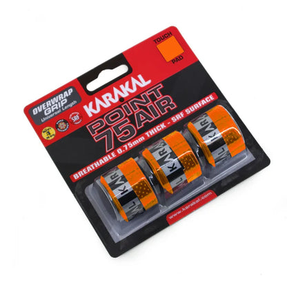 Six packages of Karakal Point 75 Air over grips for tennis rackets, displayed in two rows. The grips come in red, yellow, white, and blue colors, and are shown with and without the protective outer packaging.