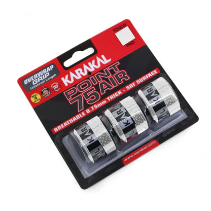 Six packages of Karakal Point 75 Air over grips for tennis rackets, displayed in two rows. The grips come in red, yellow, white, and blue colors, and are shown with and without the protective outer packaging.