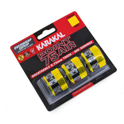 Six packages of Karakal Point 75 Air over grips for tennis rackets, displayed in two rows. The grips come in red, yellow, white, and blue colors, and are shown with and without the protective outer packaging.