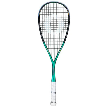 Squash racket with green and black design on a white background