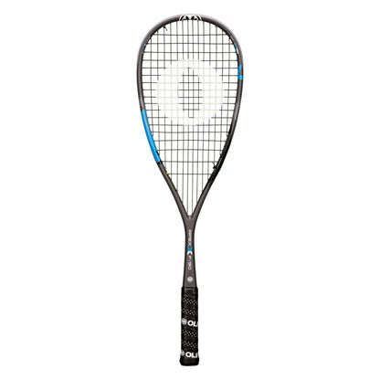 Squash racket with a black and blue design on a white background