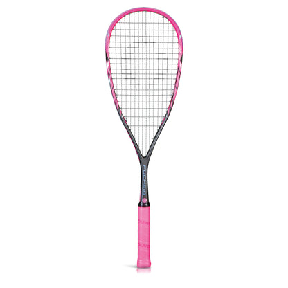 Pink and black squash racket on a white background