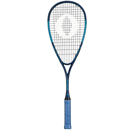 Blue squash racket with brand logo on a white background