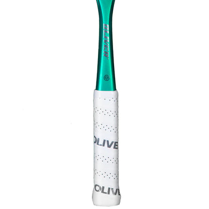 Squash racket with white handle and teal strings on a white background