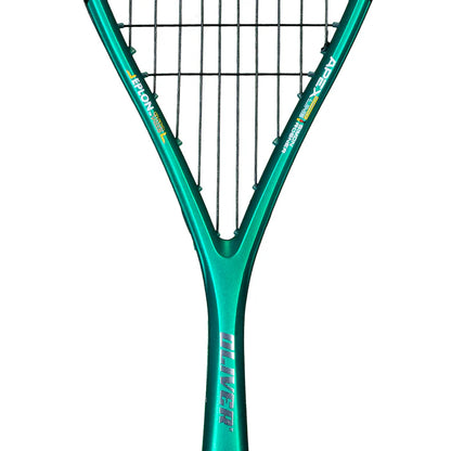 Close-up of a green squash racket with brand name on a white background