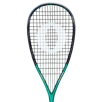 Squash racket with green handle and black strings on a white background