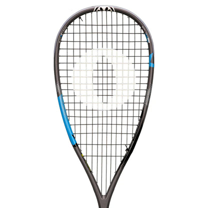Squash racket with blue accents on a white background