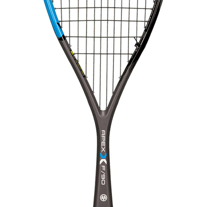 Close-up of a squash racket with 'Apex' branding on a white background