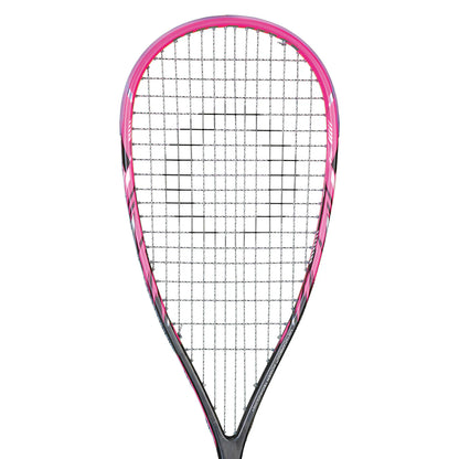 Squash racket with pink frame and black strings on a white background