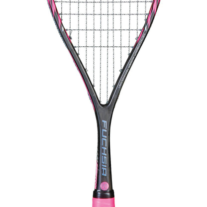 Close-up of a pink and black squash racket with 'Fuchsia' branding on a white background