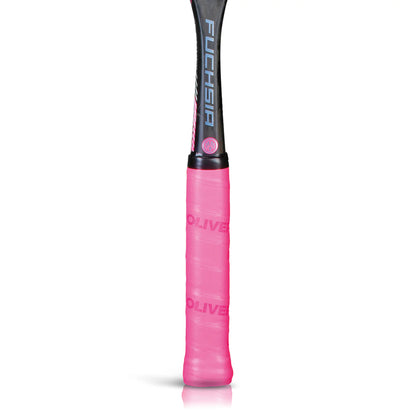 Pink tennis racket handle with black text on a white background
