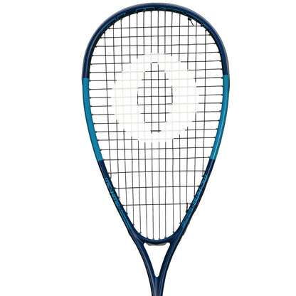 Blue squash racket on a white background