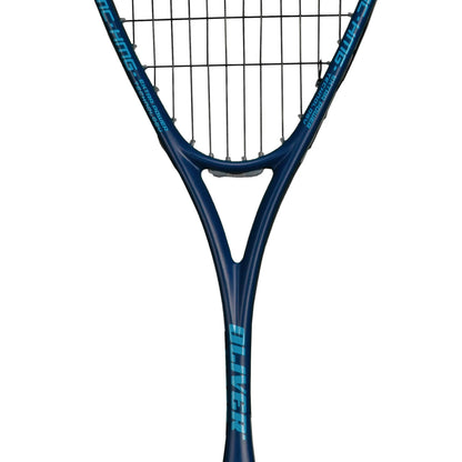 Close-up of a blue tennis racket with brand logo on a white background
