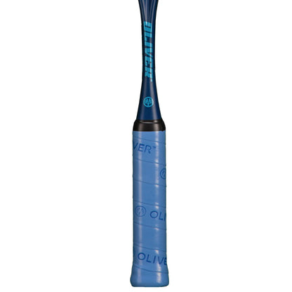 Blue squash racket with brand logo on a white background