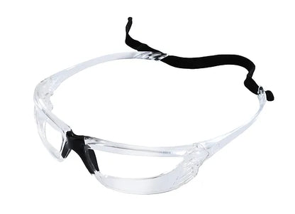 A pair of protective sports eyewear with a clear lens design and black accents.