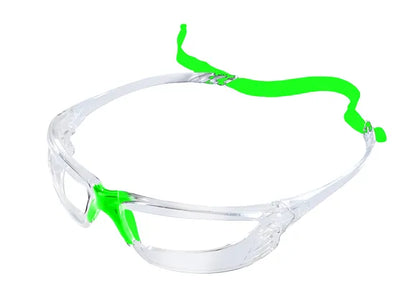 A pair of protective sports eyewear with a clear lens design and black 