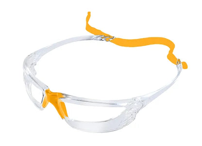 A pair of protective sports eyewear with a clear lens design and black 